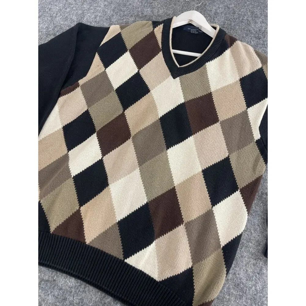 Cotton Traders Sweater Mens Large Black Argyle Pullover Vintage 90s N14